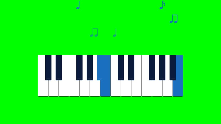 A clean flat vector animation of a piano keyboard where musical notes float upwards in a rhythmic motion, featuring a chroma key green background for.