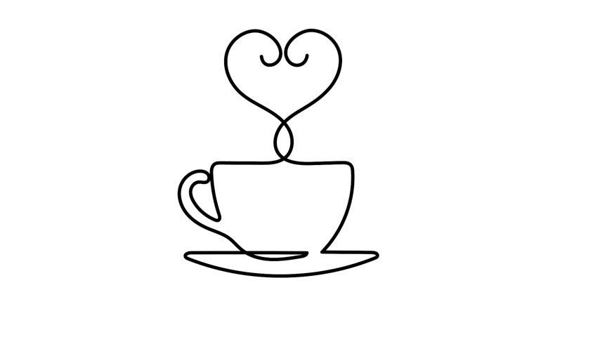 Coffee cup with heart steam line art animation loop video depicting a continuous line drawing of a coffee cup with rising steam forming a heart shape on a white background with motion graphics.