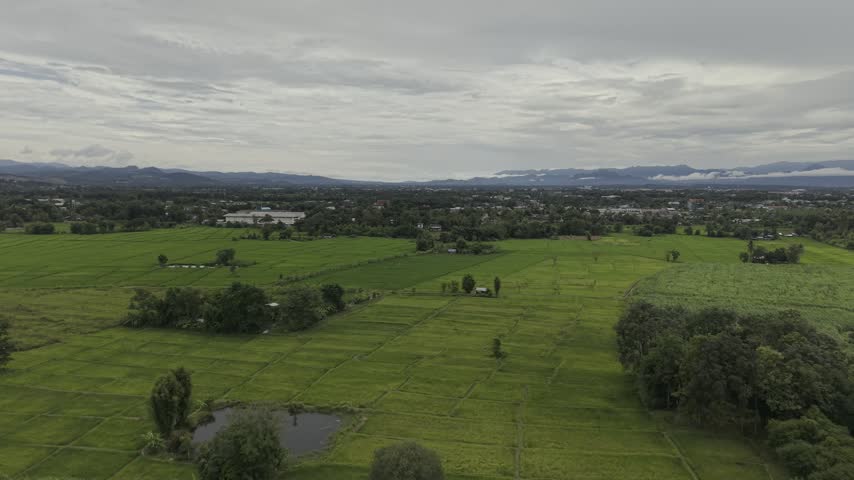 Aerial view of rural landscape with green farm fields, country road, and stormy sky before rain.