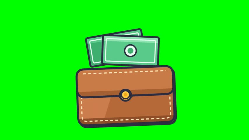 An animated cartoon brown leather wallet with green paper money bills on a green screen chroma key background.