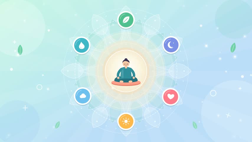 Meditation and mindfulness concept illustration with person sitting in lotus pose surrounded by wellness elements vector