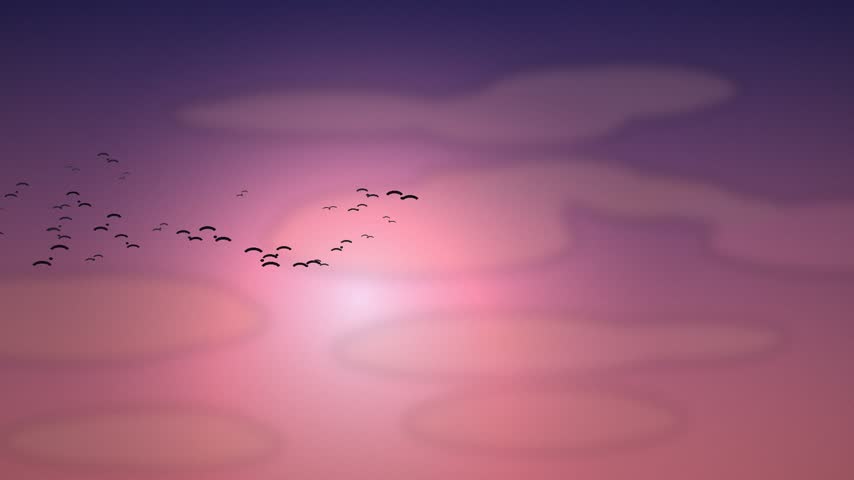 Flock Of Birds Flying At Dusk Sky, Silhouette Birds Over Purple Pink Sunset