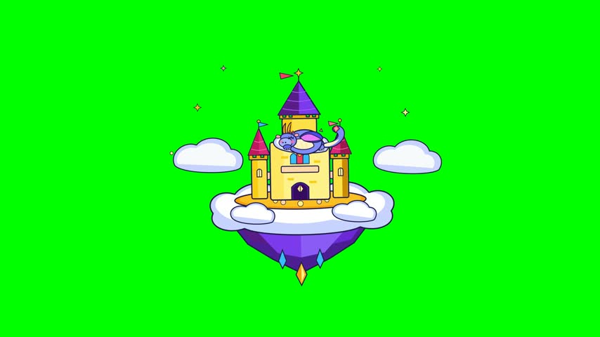 Cute Floating Fairytale Castle and Sleeping Dragon Vector Graphic on Green Screen Perfect for Kids Animations and Fantasy Game Overlays