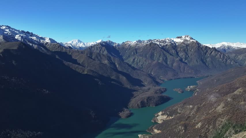 Aerial view of Laguna del Maule lake near Argentina border in Maule region Chile