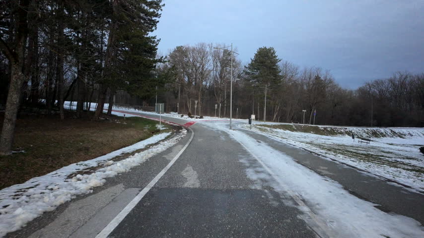 Winter Path Curving Through Snowy Woodland Park. The camera advances toward a fork beneath bare branches and gray skies