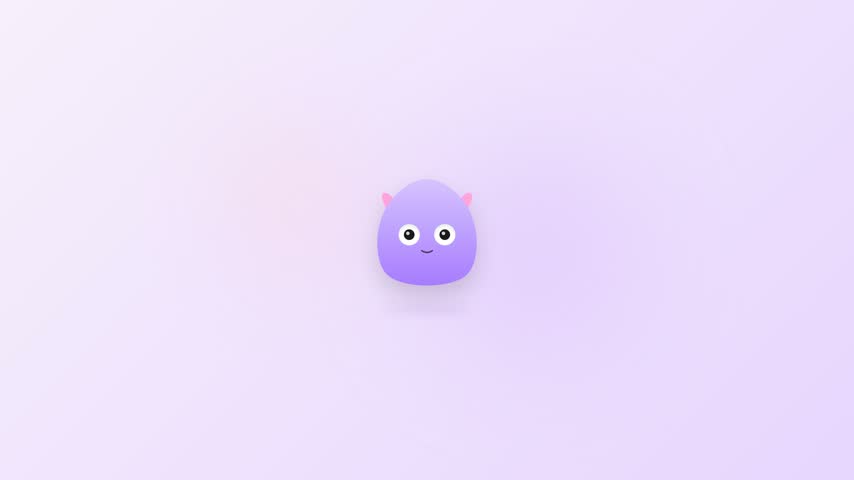 A minimalist 3D animation of a cute purple monster character blinking and looking around on a soft pastel purple background.