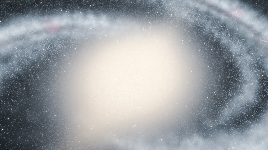 Milky Way luminous galactic core to full spiral galaxy reveal. Conceptual 3D animation.