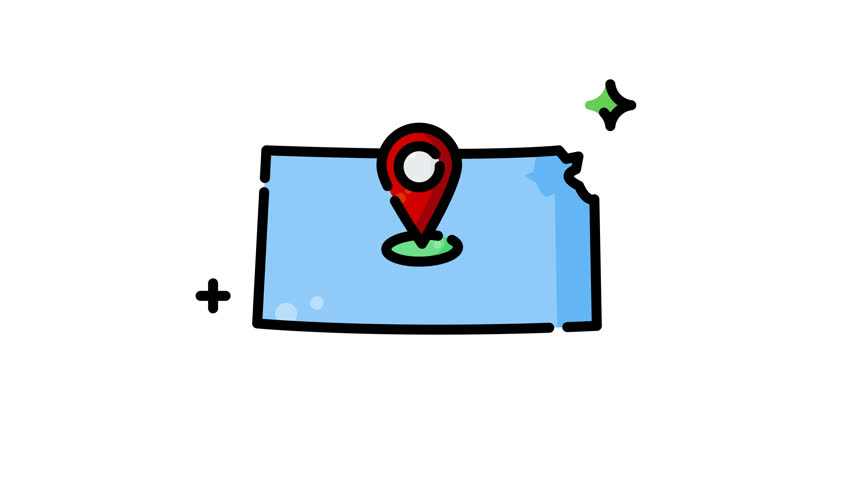 Animated detailed kansas map outline pairs geographic contours with a location pin, creating versatile artwork for travel, education, websites, and presentations.