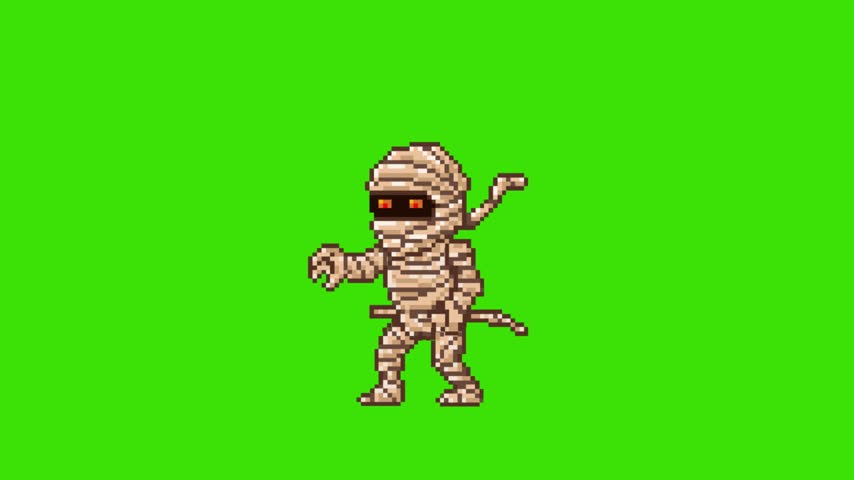 Pixel art retro game action animation of ancient Egyptian mummy enemy character performing an attack, isolated on green screen, art.