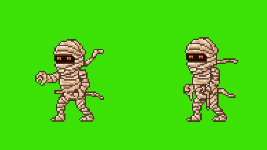 Pixel art retro game animation layout of ancient Egyptian mummy enemy characters with multiple action loops, isolated on green screen, art.