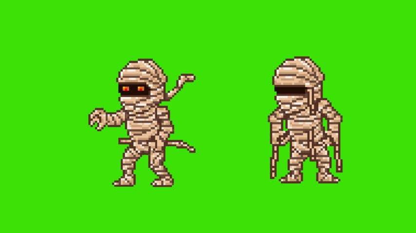 Pixel art retro game animation of two pixelated mummy enemies standing and preparing to attack, isolated on green screen.