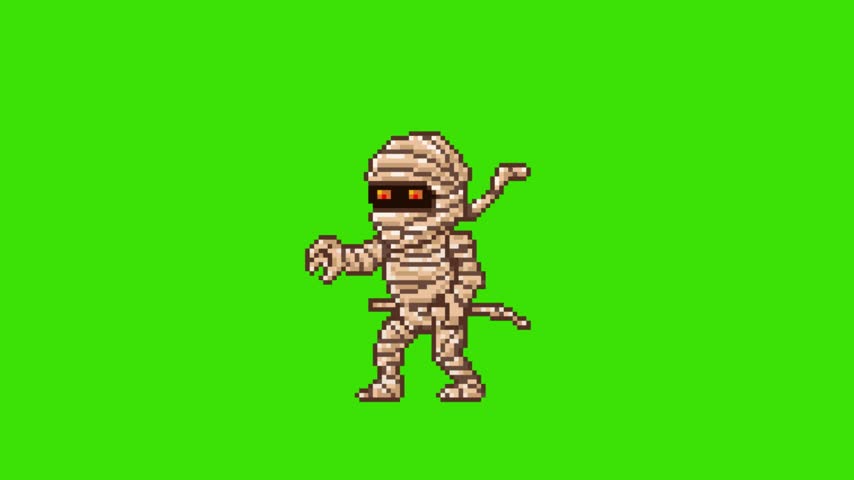 Pixel art retro game death animation of ancient Egyptian mummy enemy character falling defeated, isolated on green screen.