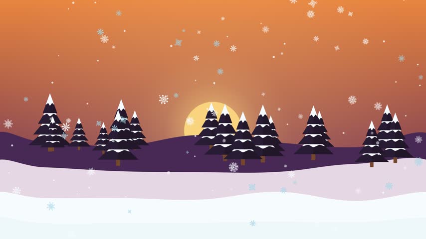 Snowy pine forest at sunset