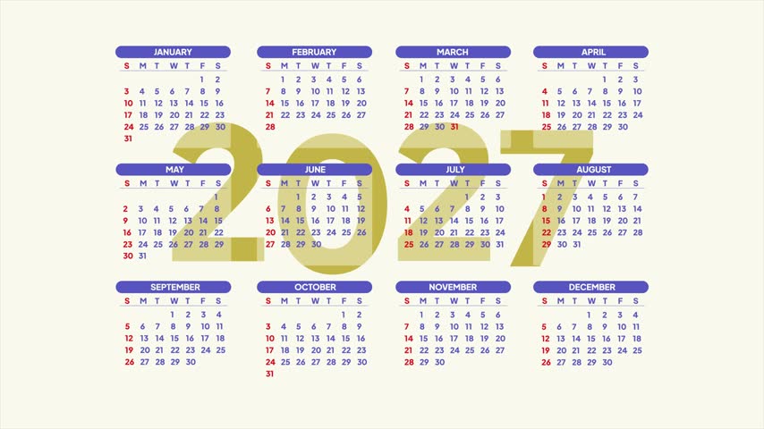 Complete 2027 yearly calendar. Calendar 2027 concept. Full length animation illustration. High quality 4k footage