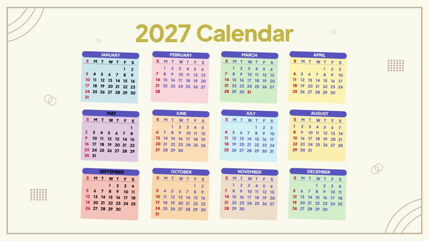 Annual calendar for 2027. Calendar 2027 concept. Full length animation illustration. High quality 4k footage