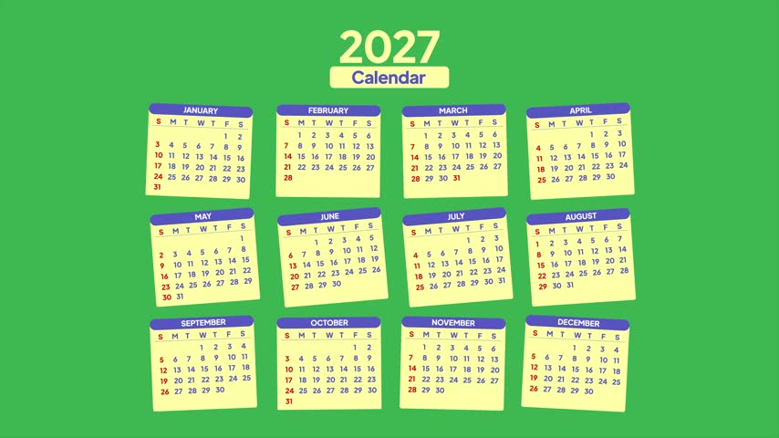 2027 calendar planning template. Calendar 2027 concept. Full length animation illustration. High quality 4k footage