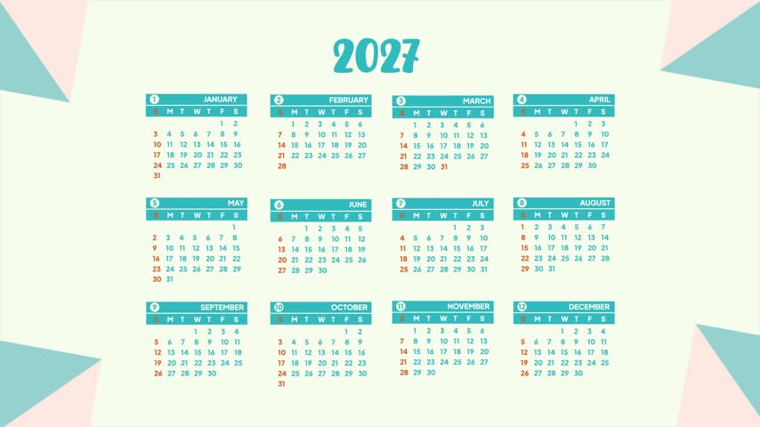 2027 calendar with monthly schedule. Calendar 2027 concept. Full length animation illustration. High quality 4k footage