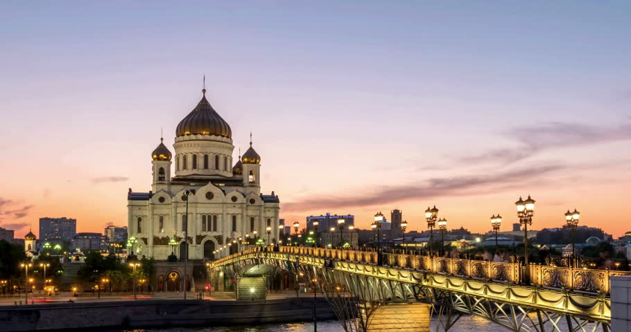 Moscow city skyline day to night sunset timelapse at Cathedral of Christ the Saviour and bridge over Moscow River