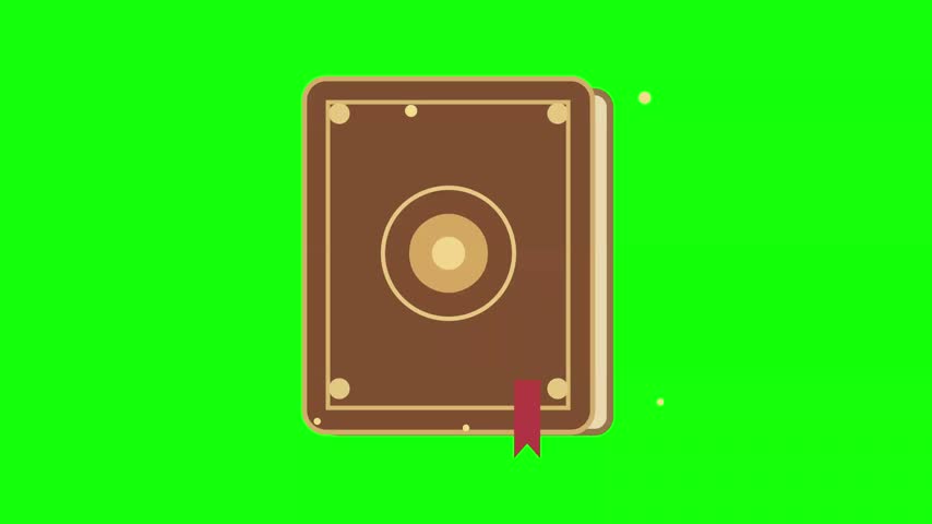 Animated brown vintage book with red bookmark rotating on green screen.