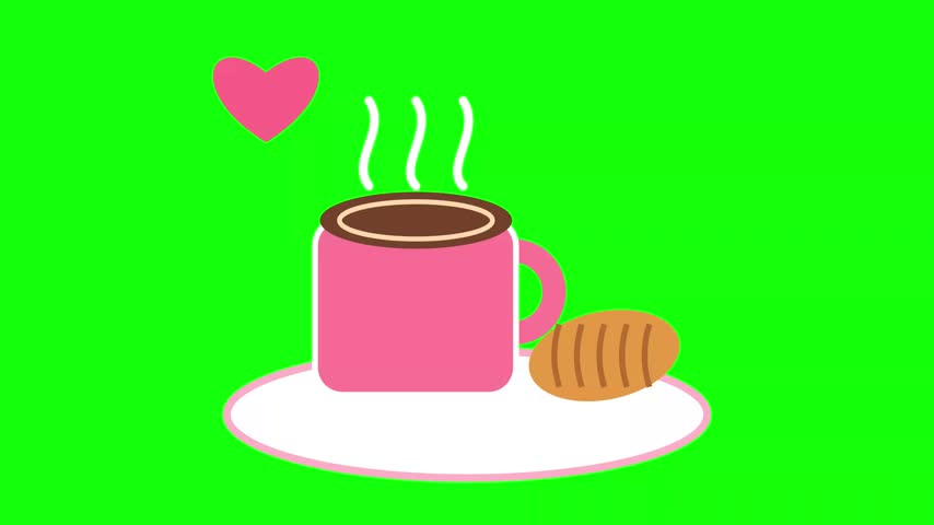 Animated pink coffee cup with steam heart and cookie on green screen.