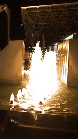 Brightly illuminated water fountain splashing into a pool at night in Kanazawa, Japan.