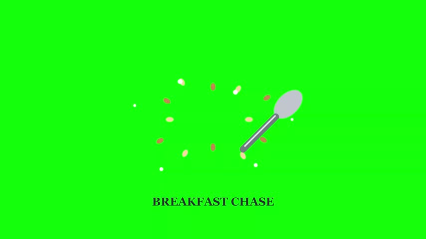 Animated silver spoon chasing floating cereal pieces on green screen.