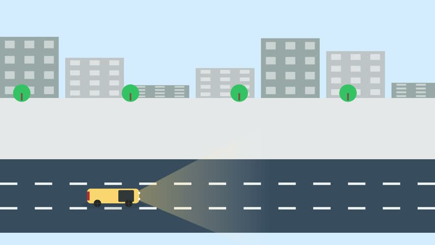A yellow vehicle driving on a highway uses advanced sensor technology to detect and avoid various obstacles in a smart city environment.