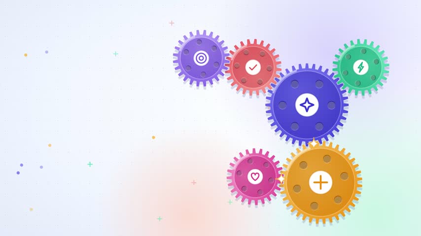 Colorful interlocking gears mechanism vector animation illustration concept background