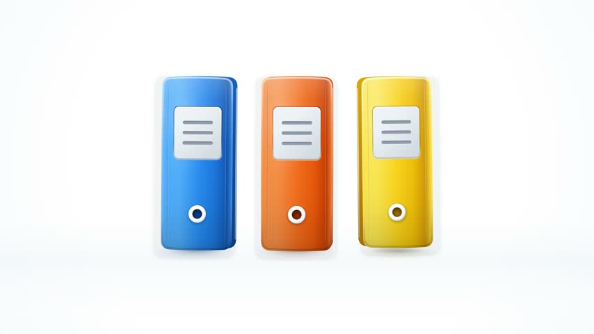 Three colorful binder folders blue orange yellow standing side by side on clean white background ideal for office organization school supplies or digital design projects modern minimalist flat vector illustration suitable for business education and creative content.