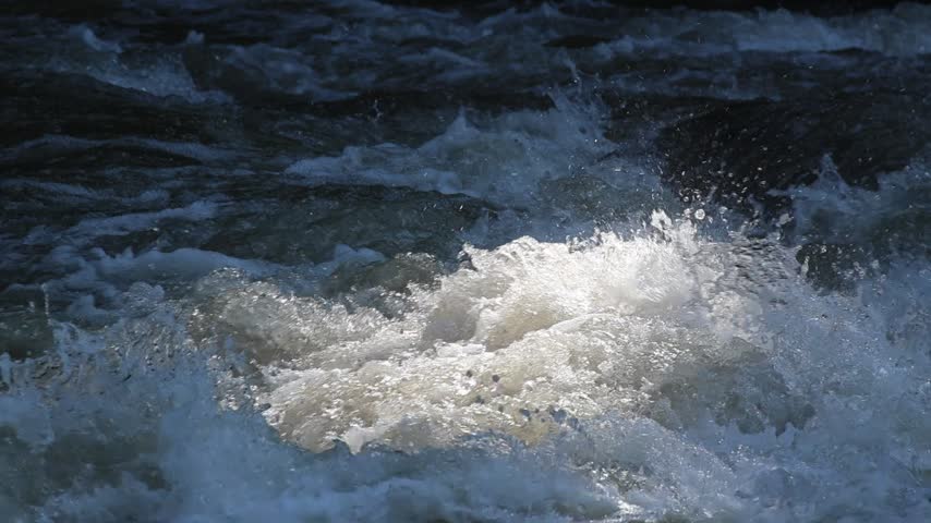 A rushing river water over dark rock, bright white foam, sparkling spray, turbulent movement, natural texture, powerful whitewater rapids, refreshing wilderness energy, cool blue current, dramatic