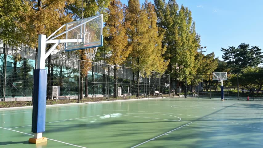 Empty outdoor basketball court in a park under clear blue sky in Korea.