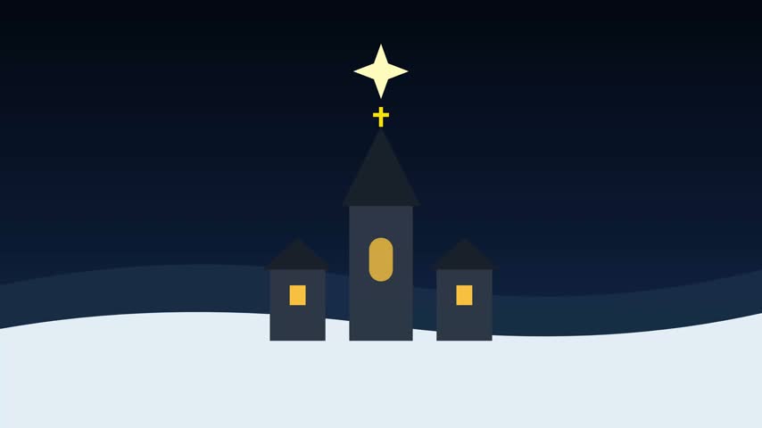 Minimalist church building with shining star and cross on snowy winter night