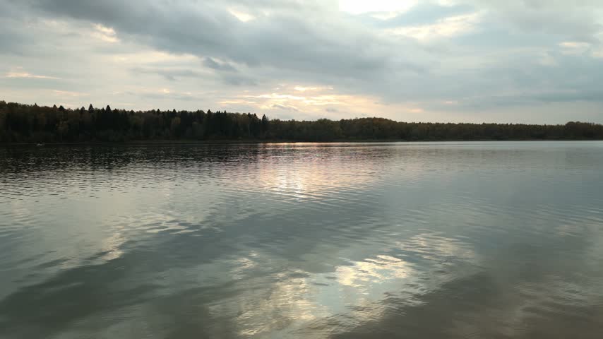 Calm lake water ripples under cloudy sky as tranquil overcast water timelapse reveals soft evening reflections, showing distant wooded shoreline and flock of migratory birds in flight