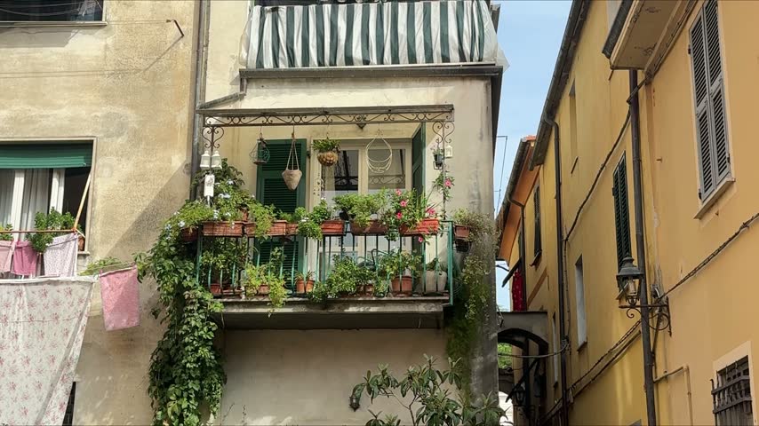 Charming wrought-iron balcony full of potted plants and flowers on a historic building in downtown Sarzana, Liguria, Italy.