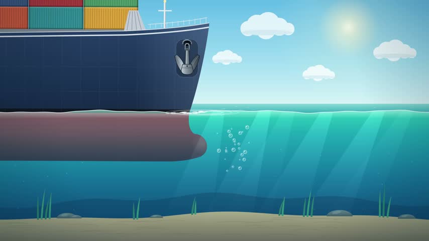 Stylized cartoon illustration of a large cargo ship carrying colorful shipping containers, shown in a split above-and-below water perspective. The scene features a ship anchor, turquoise ocean water, sunlight rays penetrating the sea, a sandy seabed, and a clear blue sky with soft clouds. Ideal for maritime transportation, international shipping, logistics, ocean education, and marine-themed animation projects.
