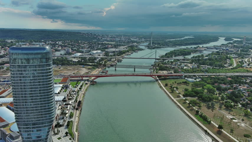 Aerial view of Belgrade the capital city of Serbia and bridges over Sava river at summer, 4k