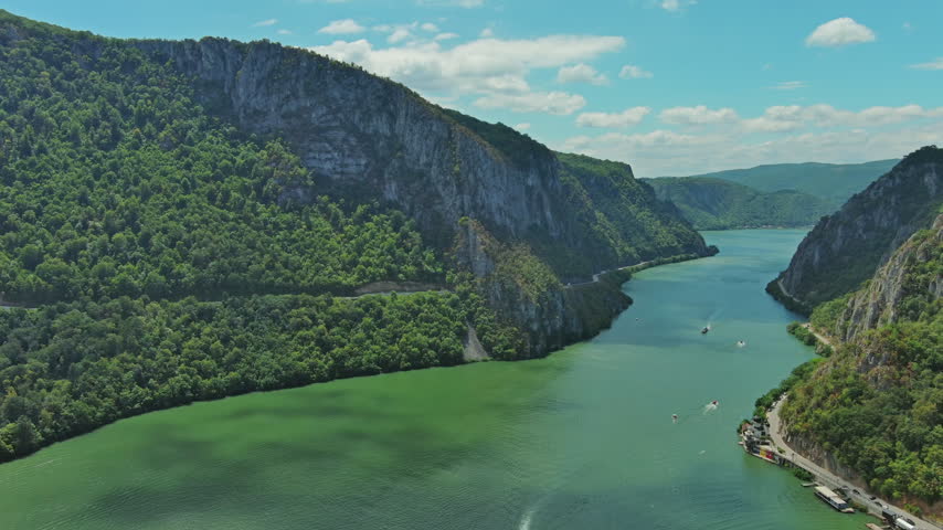 Aerial view on the Danube river and mountains in Iron Gate, Djerdap National Park, Serbia Romania border, 4k