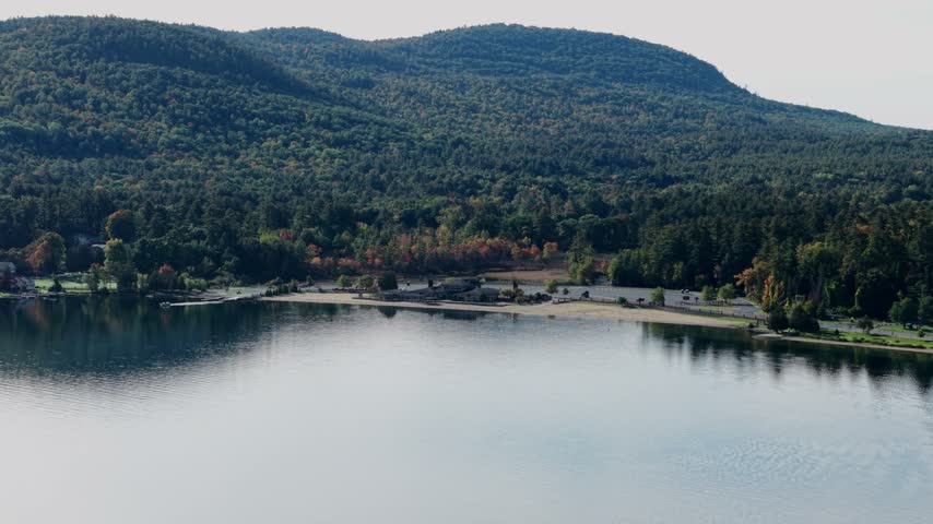 Aerial view of calm lake shoreline with dense forest and hills in daylight