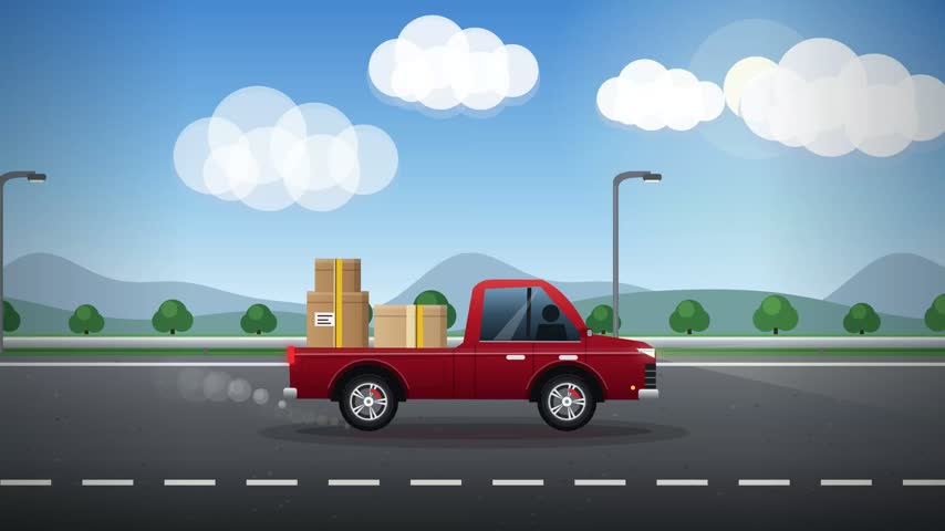 Red Pickup Truck Carrying Parcels and Cardboard Boxes Driving on Highway Loop Animation