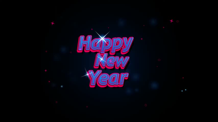 Dark blue starry background with blue and purple glowing "Happy New Year" text.