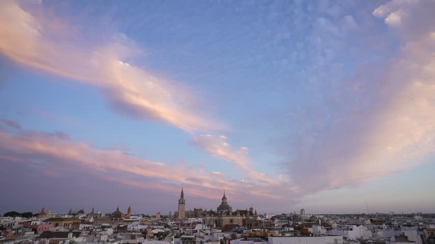 Elevated view of Seville Cathedral and La Giralda at sunset, Seville, Andalusia, Spain, Europe