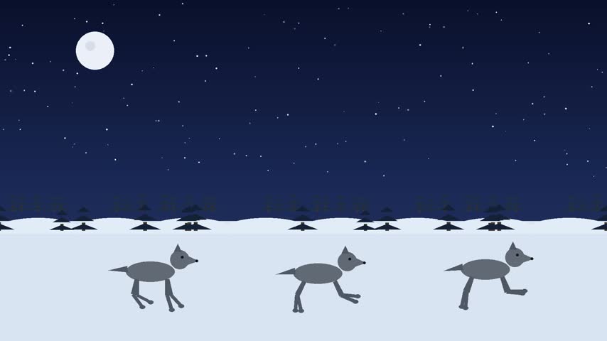 Animated wolves running through a snowy moonlit winter landscape