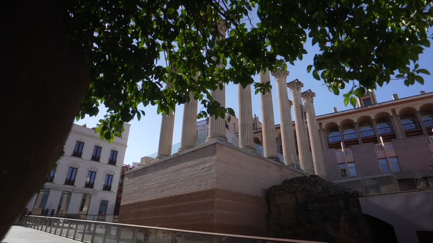 View of reconstrctured pillars at Roman Temple ruins on a sunny day, Cordoba, Andalusia, Spain