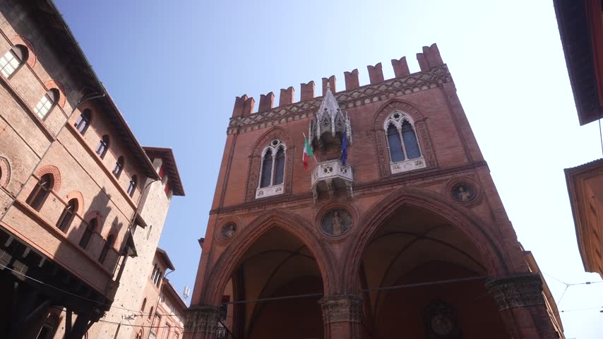 View of Palazzo della Mercanzia on a sunny day, Bologna, Emilia-Romagna, Italy