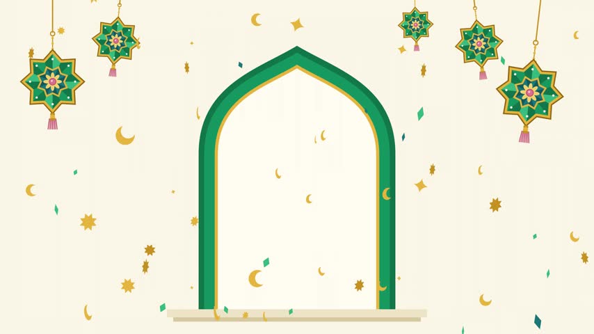 Eid greeting arch with swinging star ornaments and gold confetti