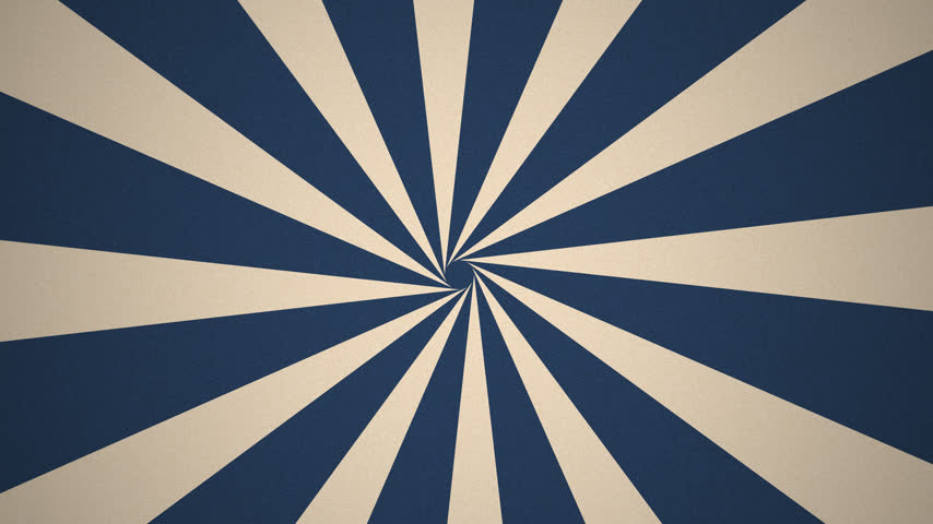 Vintage blue and beige sunburst with rays radiating from center, retro travel poster style striped background with film grain