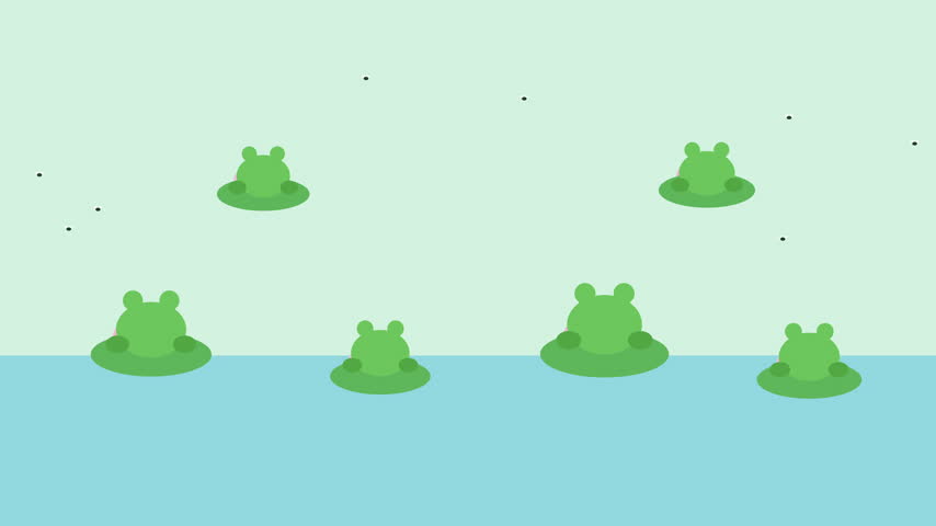 Cute frogs sitting on lily pads over pond water