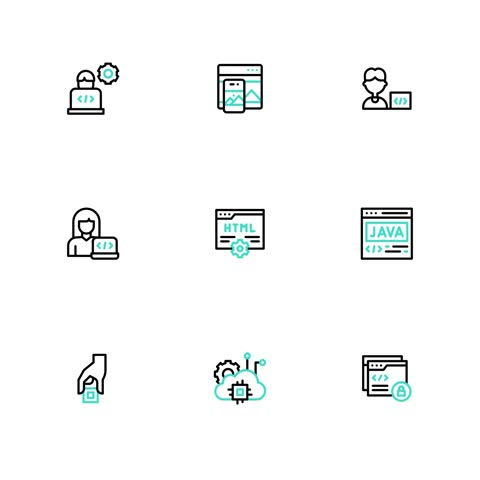 Animated software development, web programming, and digital user interface icon set featuring code, browser, and cloud graphics.