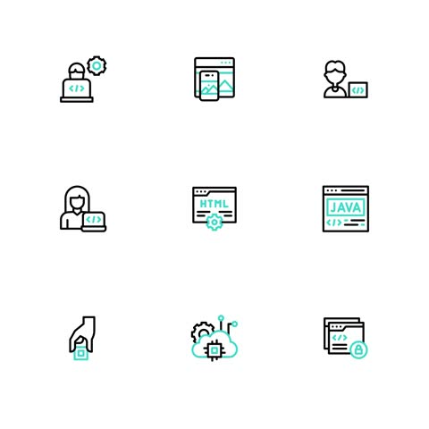 Animated software development, web programming, and digital user interface icon set featuring code, browser, and cloud graphics.