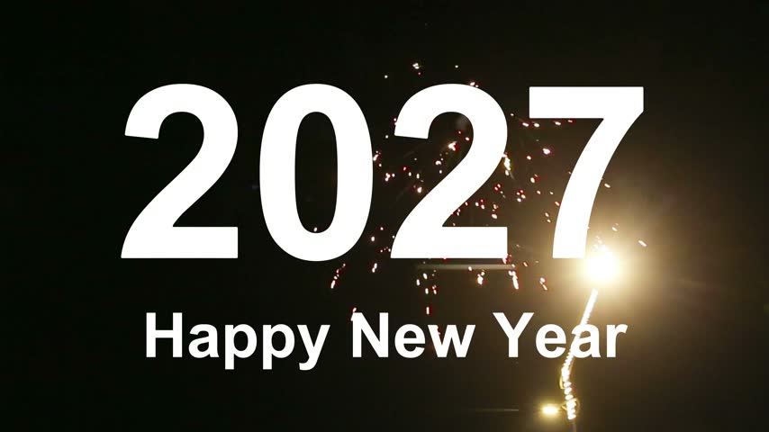 Happy New Year 2027 celebration video clip featuring bold white typography and festive fireworks display in slow motion. Night sky background with sparkling lights. Ideal for holiday greeting cards, countdown events, and seasonal promotional projects.